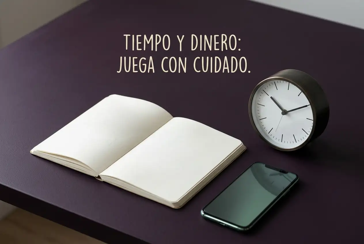 Cuaderno de notas y reloj junto a un teléfono sobre una mesa oscura