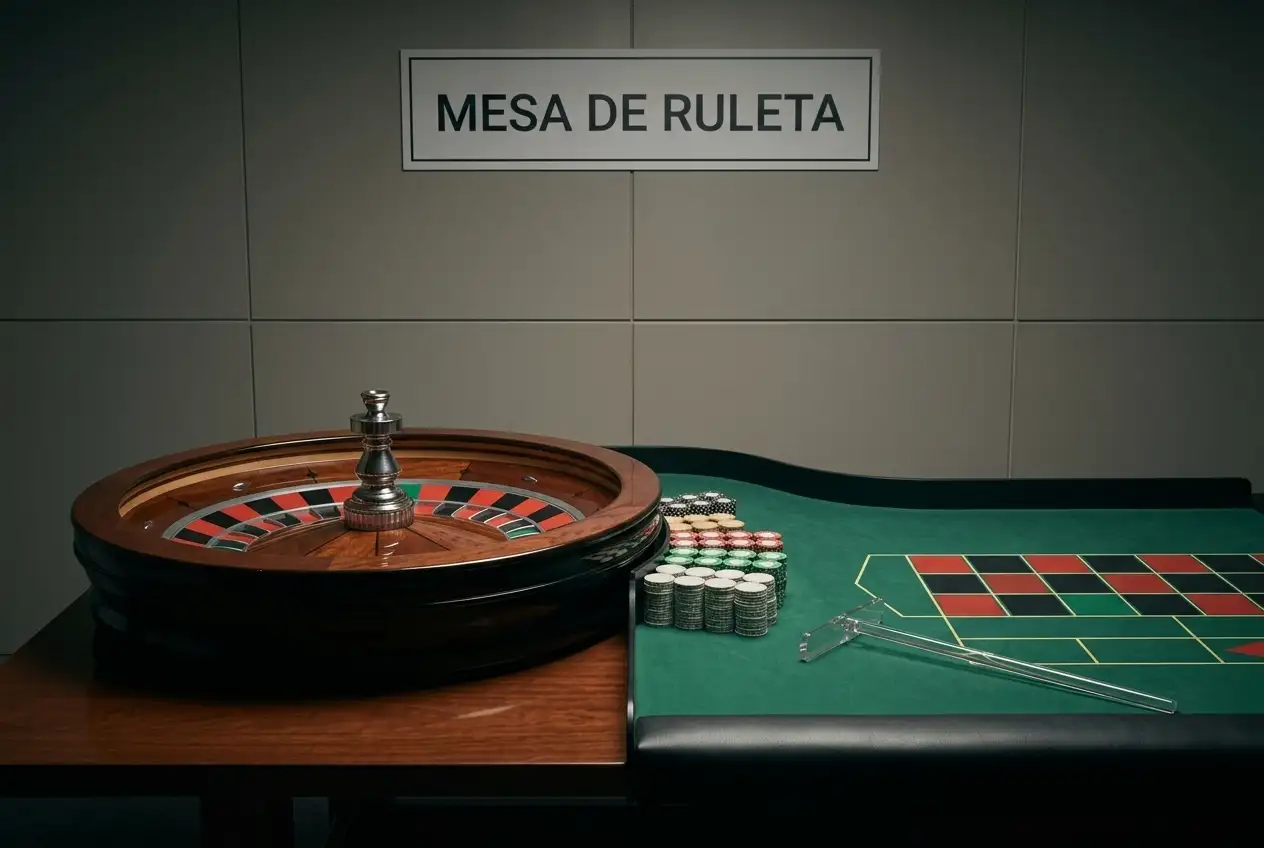 Mesa circular de ruleta con tapete y rueda, iluminada por focos suaves en un estudio vacío