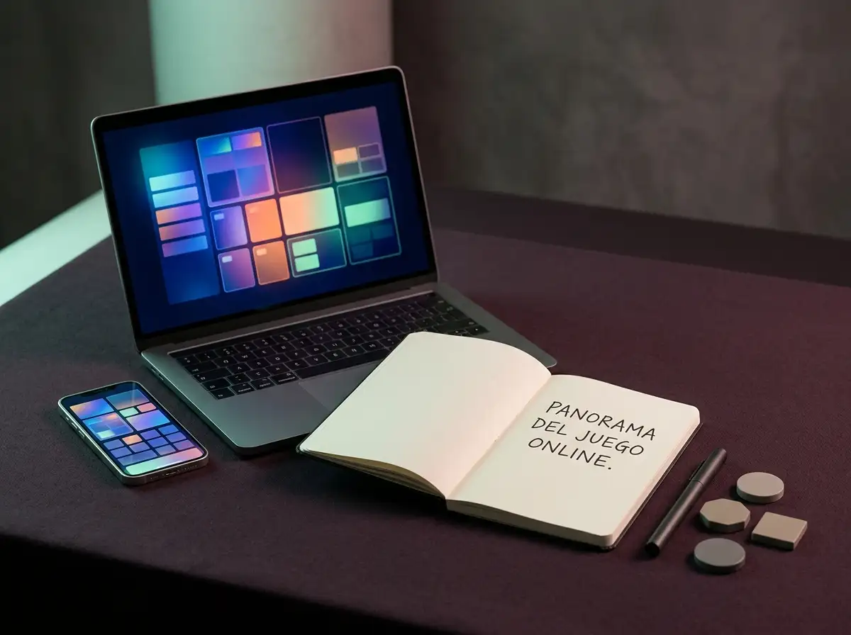 Mesa editorial con un portátil, un teléfono y fichas de juego abstractas